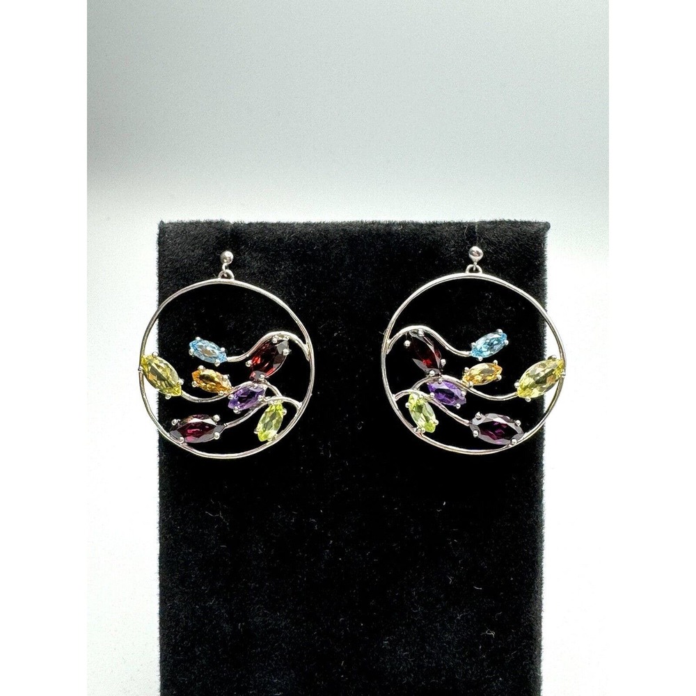 Sterling Silver Multi Gemstone Circle Disc Dangle Earrings